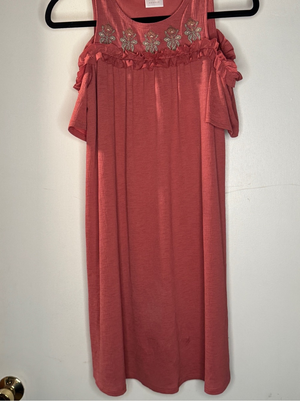 LC Lauren Conrad Coral Embroidered Ruffle Top
